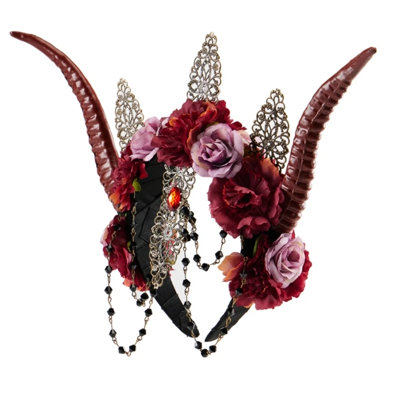 Обруч для волос с цепочкой и цветком повязка на голову рогом дьявола маскарадные