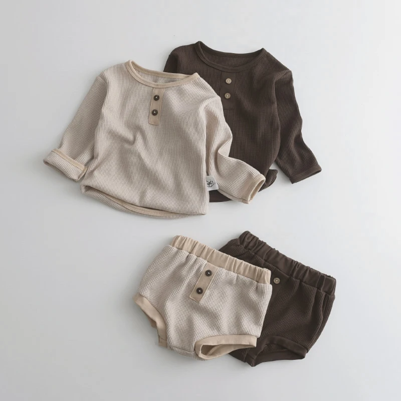 

Melario/комплект одежды для маленьких мальчиков и девочек, осенне-От 0 до 2 лет Детские топы из органического хлопка с круглым вырезом и длинными рукавами + шорты из полипропилена комплекты для новорожденных из 2 предметов