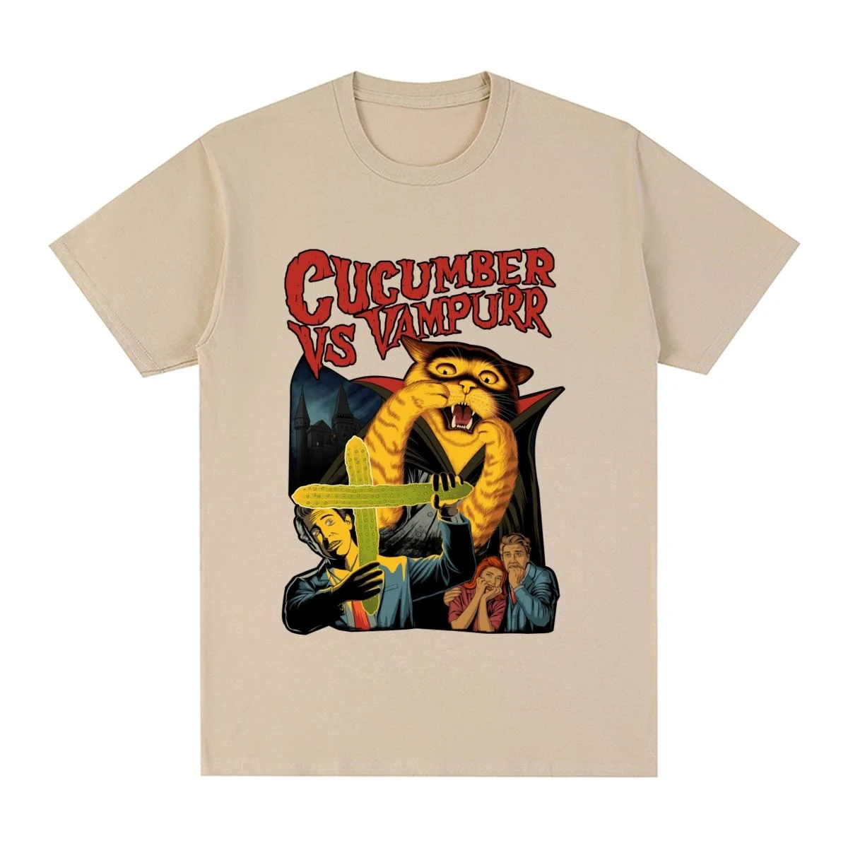 

Винтажная футболка с надписью «Cat The Return Of Vampurr», смешная Хлопковая мужская футболка с веселым ужасом на Хэллоуин, новая футболка, женские топ...