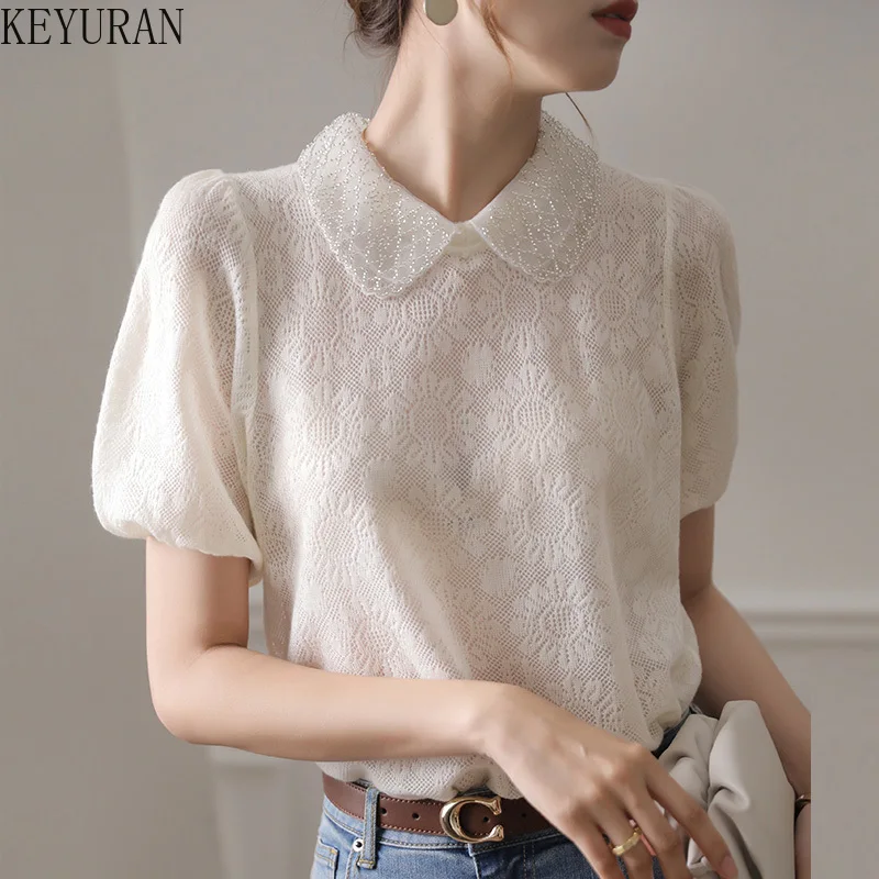 

Summer Thin Hollow Sweater Women's Pulover Korean Chic 2022 Sweet French Retro Peter Pan Collar Puff Short Sleeve Knitwear Tops