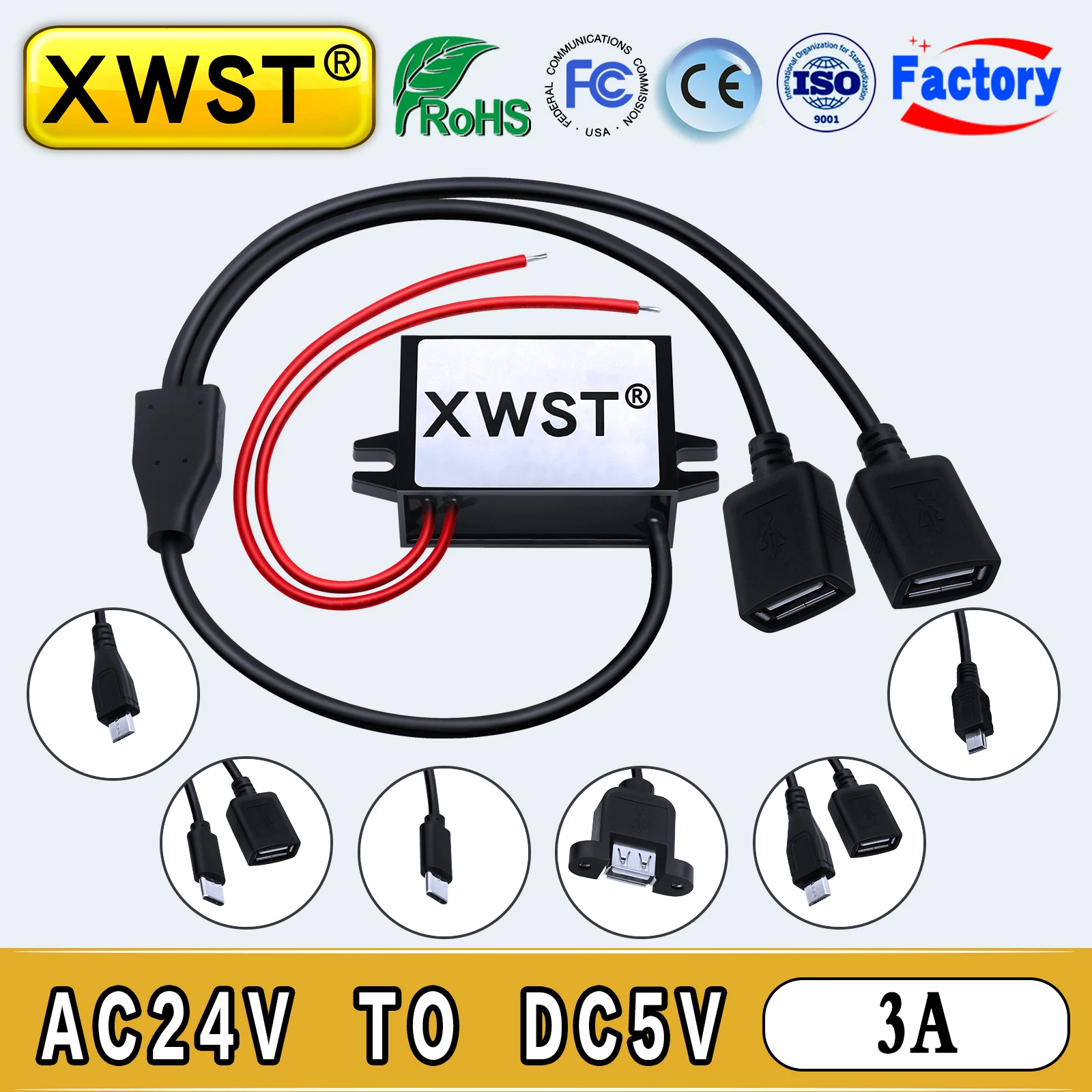 

AC 24V to DC 5V Converter 3A 15W Voltage Regulator Buck Transformer Module with Female Ear Mini Micro Type C USB Port for LED