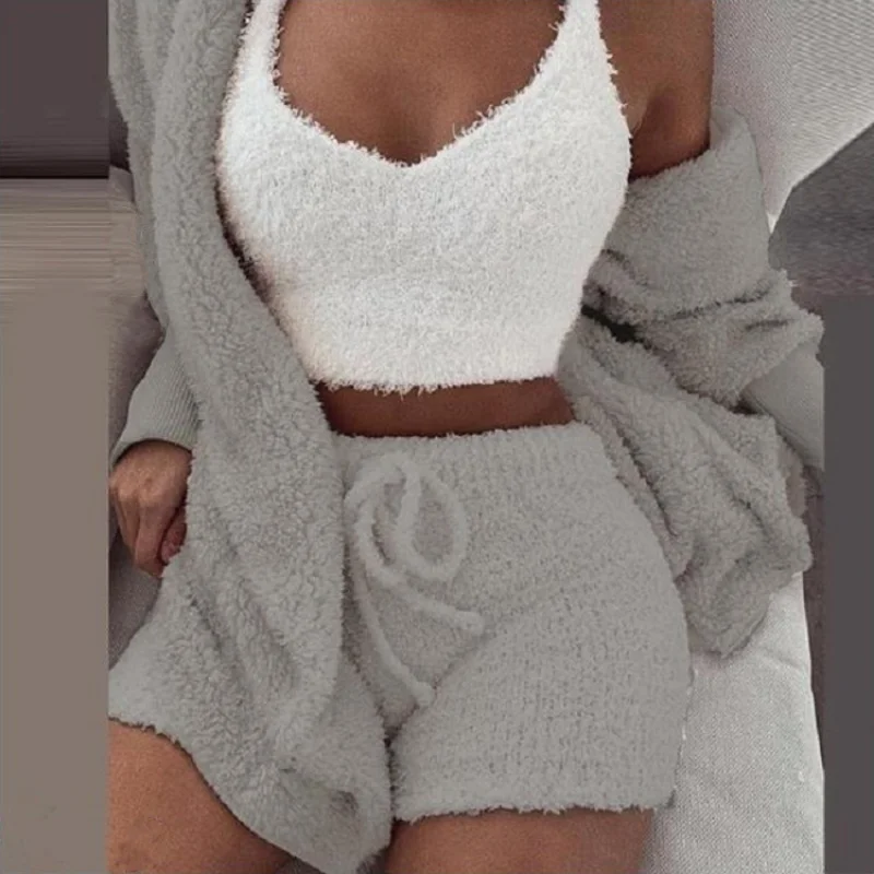 Pajama for Women's 2023 Winter Plush Home Wear Casual 3-piece Pajama Long Sleeved Open Navel Vest Shorts Set