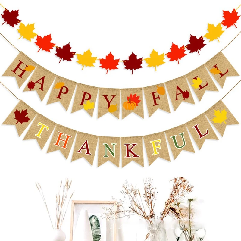1Set Happy Fall Banner Thankful Banner Give Thanks Banner And Felt Fall Leaves Garland Banner For Fall Thanksgiving Decors images - 6