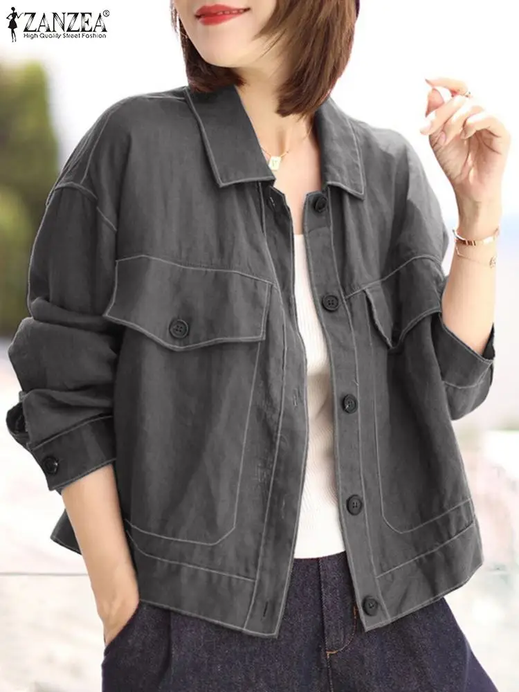 

ZANZEA Fashion Lapel Neck Coats Woman Vintage Cotton Jackets Elegant Long Sleeve Outwear Female OL Work Solid Color Jacket 2023