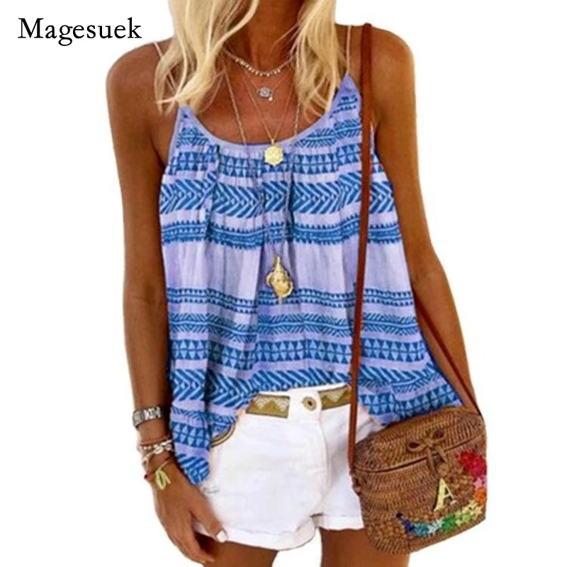 

Женская Пляжная футболка в полоску, новые летние блузки без рукавов с принтом, Женские топы с лямкой на шее, повседневные офисные женские то...