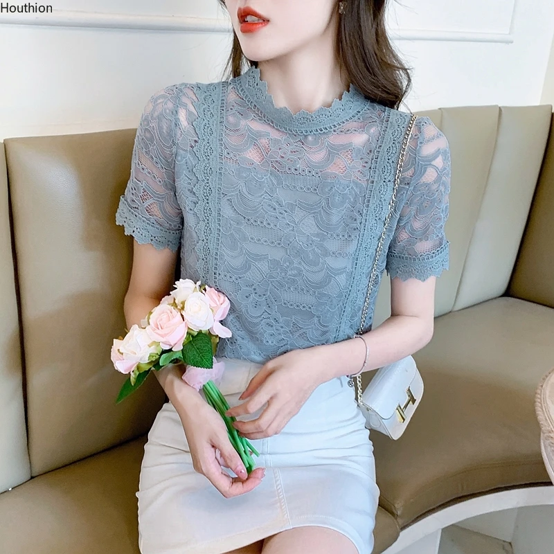 

Women's Blouse Lace Solid Summer Shirt New Fashion Casual Net Yarn Hollow Top Summer Female Clothing
