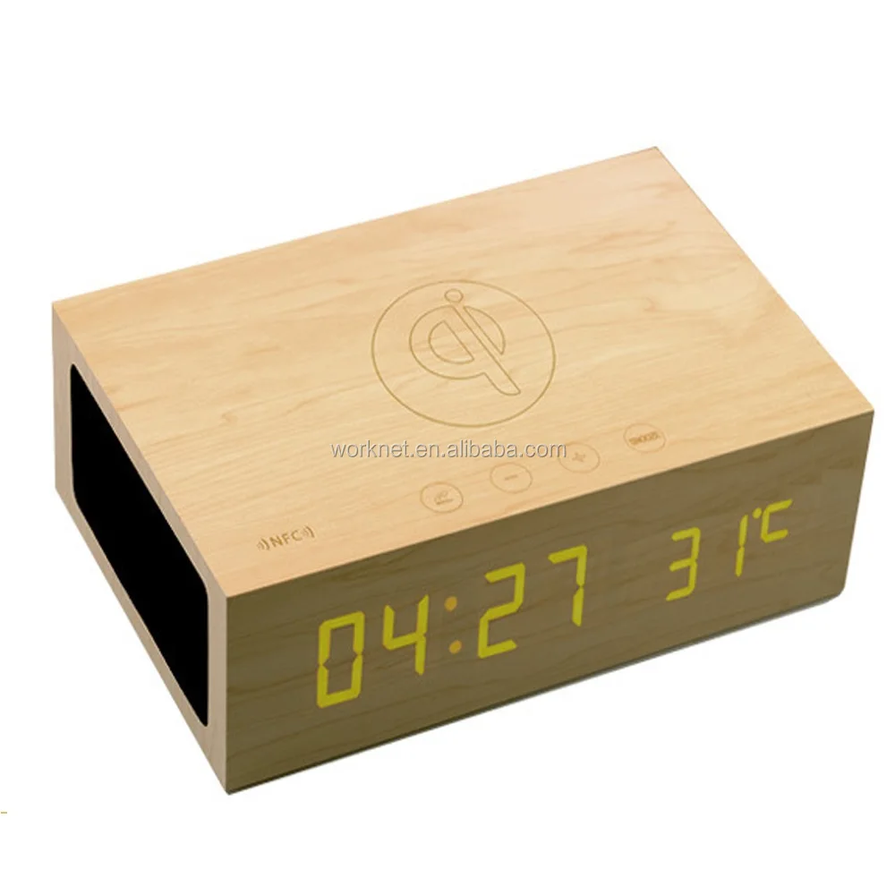 

2021 New hot portable wooden wireless BT speaker Qi wireless charging wooden clock speaker box