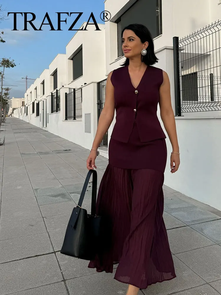 TRAFZA Женский Вязаный Топ Без Рукавов С V-образным Вырезом И Длинной Юбкой Высокой