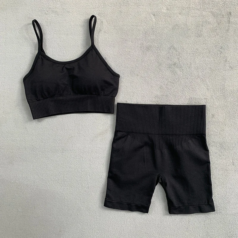 2 Pieces Yoga Shorts Set Seamless Gym Sets Womens Outfit Sports Bra Top Stripe Sportswear Workout Suit Fitness For Women Clothes