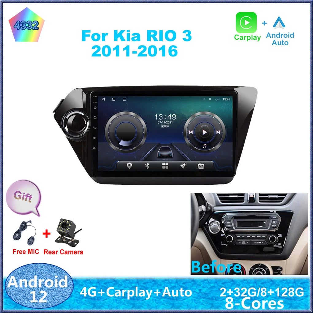 

9" For Kia RIO 3 2010 2011-2016 Android 12 Carplay Auto 8-Cores 4G Sim WiFi DSP RDS Car Radio Stereo Multimedia Player Auto GPS