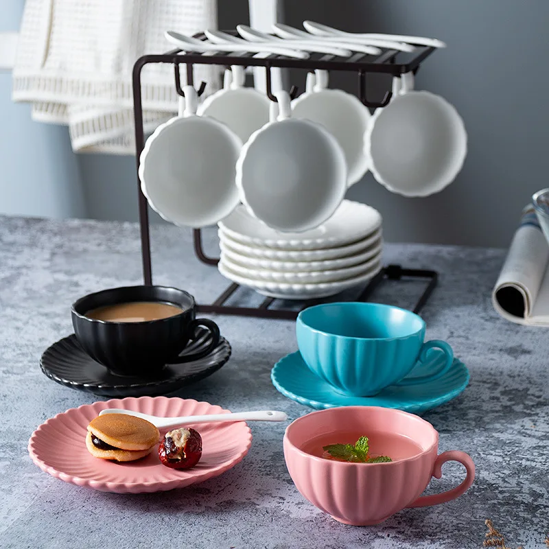 

Nordic Household Color Glaze Striped Ceramic Coffee Cup Dish Color Milk Cup Couple Drinking Cup Dish Spoon Set Combination