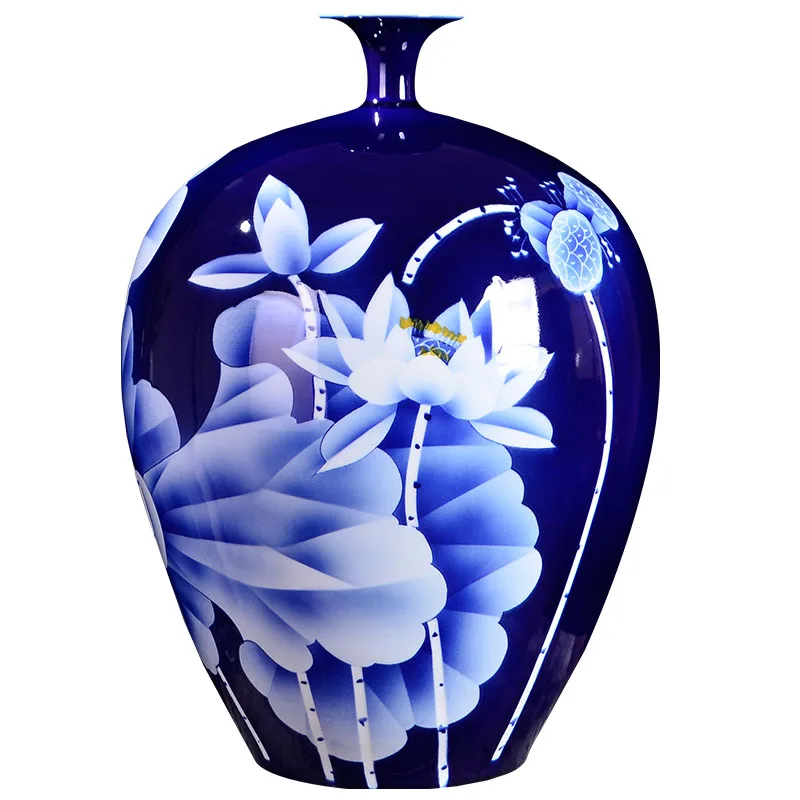 

Big Blue Vase Collection Jingdezhen Ceramic Master Handpainted White Lotus Fine Porcelain Decorative Flower Vase