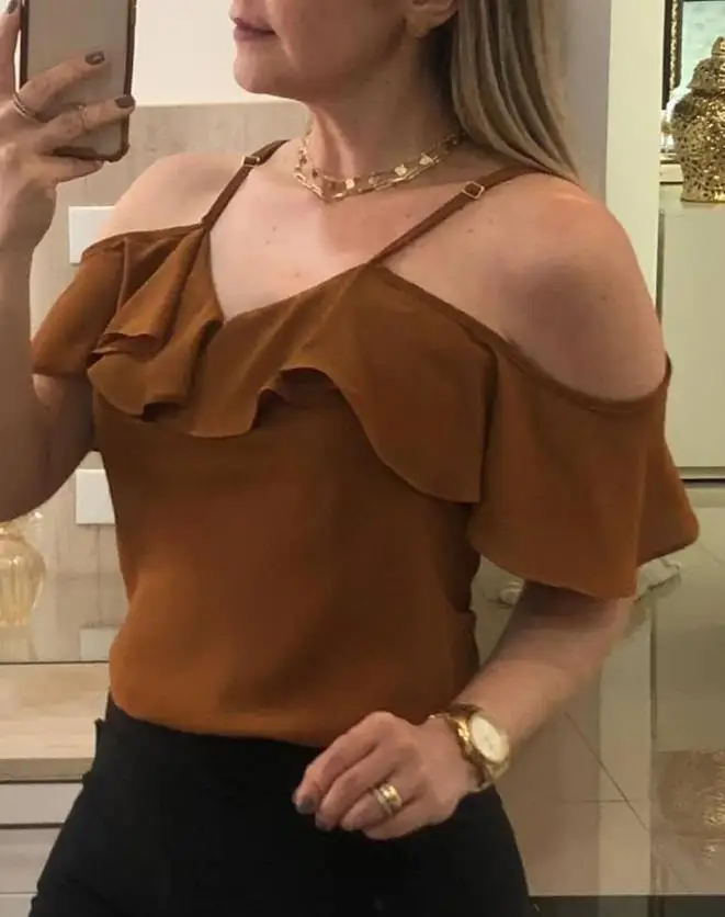 

Ruffle Hem Cold Shoulder Casual Top new casual swomen's short sleeve T shirt