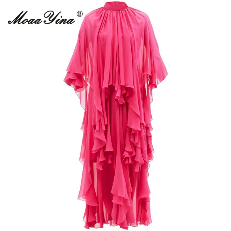 

MoaaYina, весеннее модное дизайнерское розовое красное винтажное вечерние платье, женское платье с рукавами-плащами, оборками, высокой талией, тонкое ТРАПЕЦИЕВИДНОЕ длинное платье