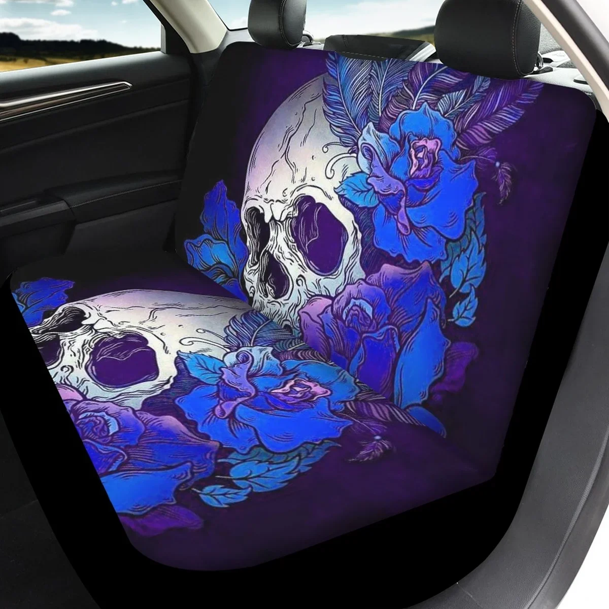 Чехол на автомобильное сиденье универсальный синий череп с цветами модный