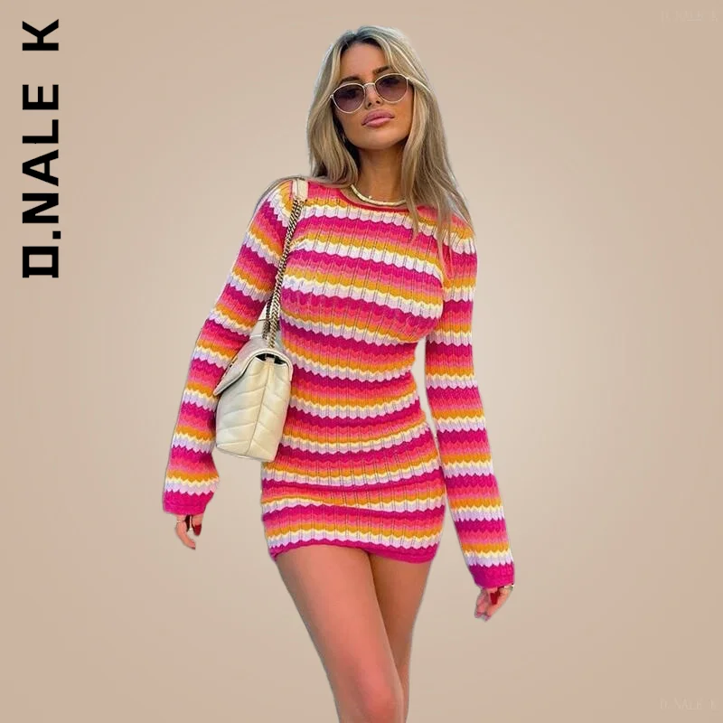 D.Nale K 022 Casual Summer Stripe Knit Women Beach Dress Bodycon Backless Long Sleeve Green  Holiday Sexy Dresses Party Mini