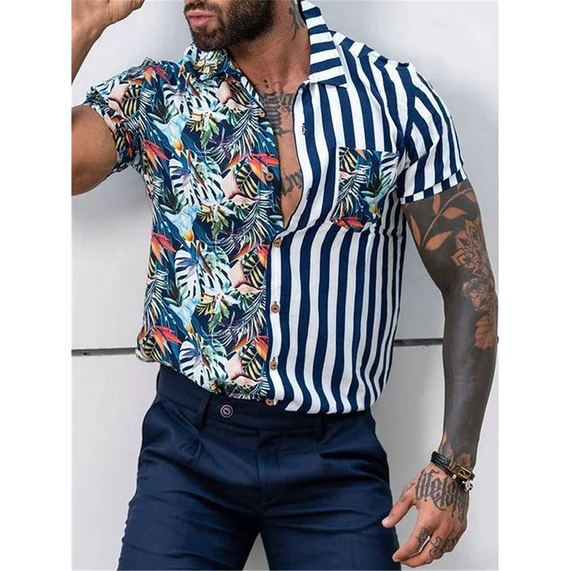 summer beach stripe print short sleeve shirt men fashion hip hop streetwear designer blouses men tops hawaiian shirts man
