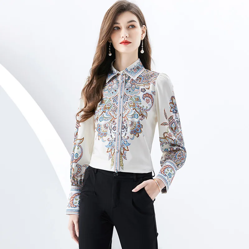 

French Fashion Printed Chiffon Shirt for Women Spring New Long Sleeve Turn-down Collar Elegant Blouse Femlae Top Loose Shirt