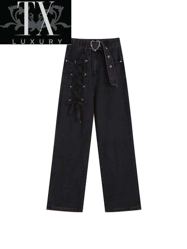 

Streetwear Fashion Jeans Women Autumn High Waist Lace Up Straight Wide Leg Pants Chic All-Match Black Denim Trousers Mujer