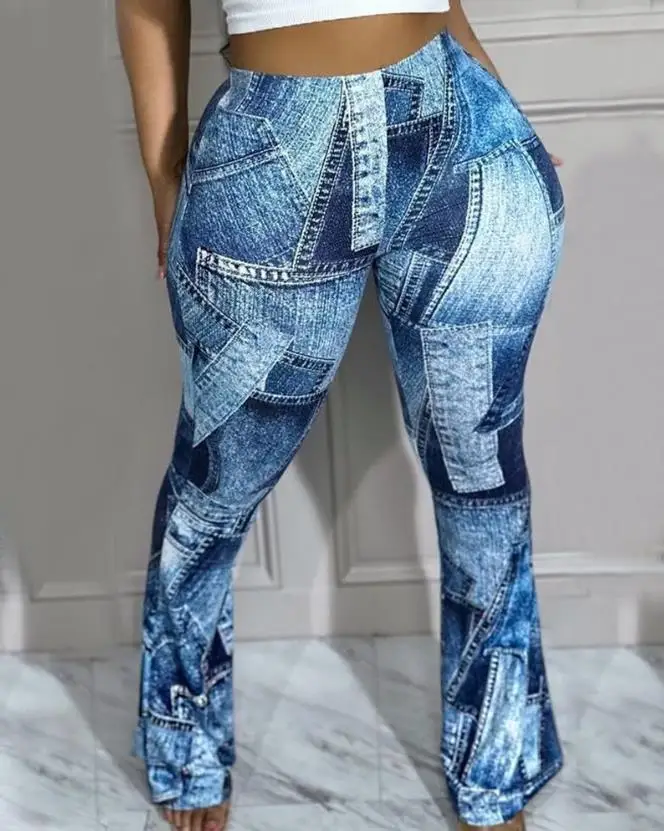 

2023 Summer Casual Women's Pants Fashion Daily Tie Dye Elastic Waist Denim Look Print High Waist Pants High Street Style