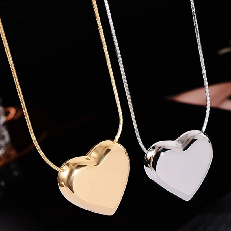 

SINLEERY stainless steel solid big glossy heart pendant necklace for women metal choker necklace gift XL323 SSK