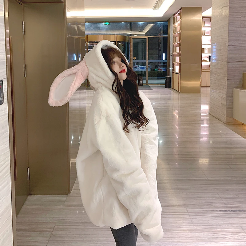 Warm Parkas Kawaii Harajuku Couple Hoodies Cute Rabbit Ears Black Hooded Outwear Women Sweet Korean Loose Warm Plush Coats Y2k