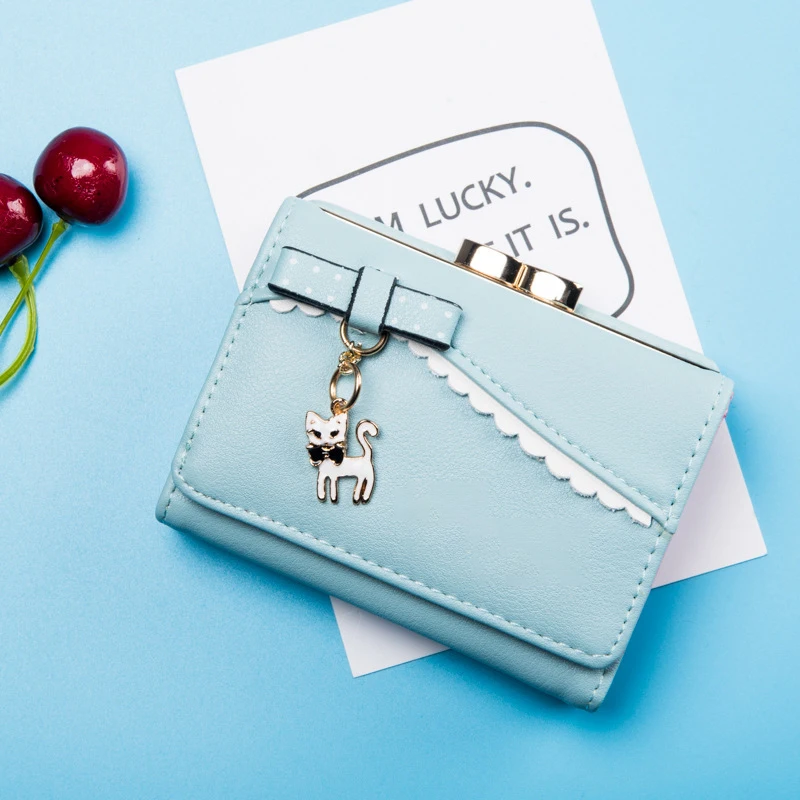 Ladies Wallet Cute Female Short Japanese and Korean New Cat Mini Pendant Student Small Wallet Metal Coin Purse Card Holder