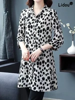 elegance fashion printing big polka dots single breasted extended section top women 34 sleeve turn down collar chiffon shirt