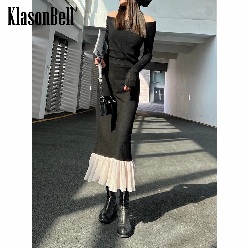 

3.18 KlasonBell Temperament Sexy Long Sleeve Slim Knitted Pullover Or High Waist Contrast Color Trumpet Skirt Set Women