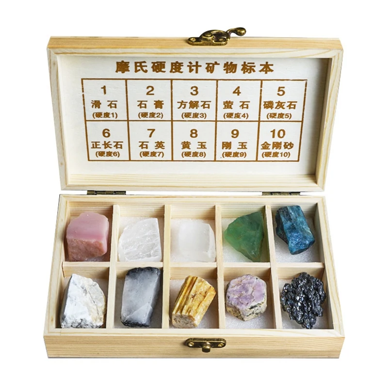 

10 Grid Mohs Hardness Box Mohs Stone Hardness Tester Natural Crystal Fluorite Mineral for Science Teaching Collect Gift