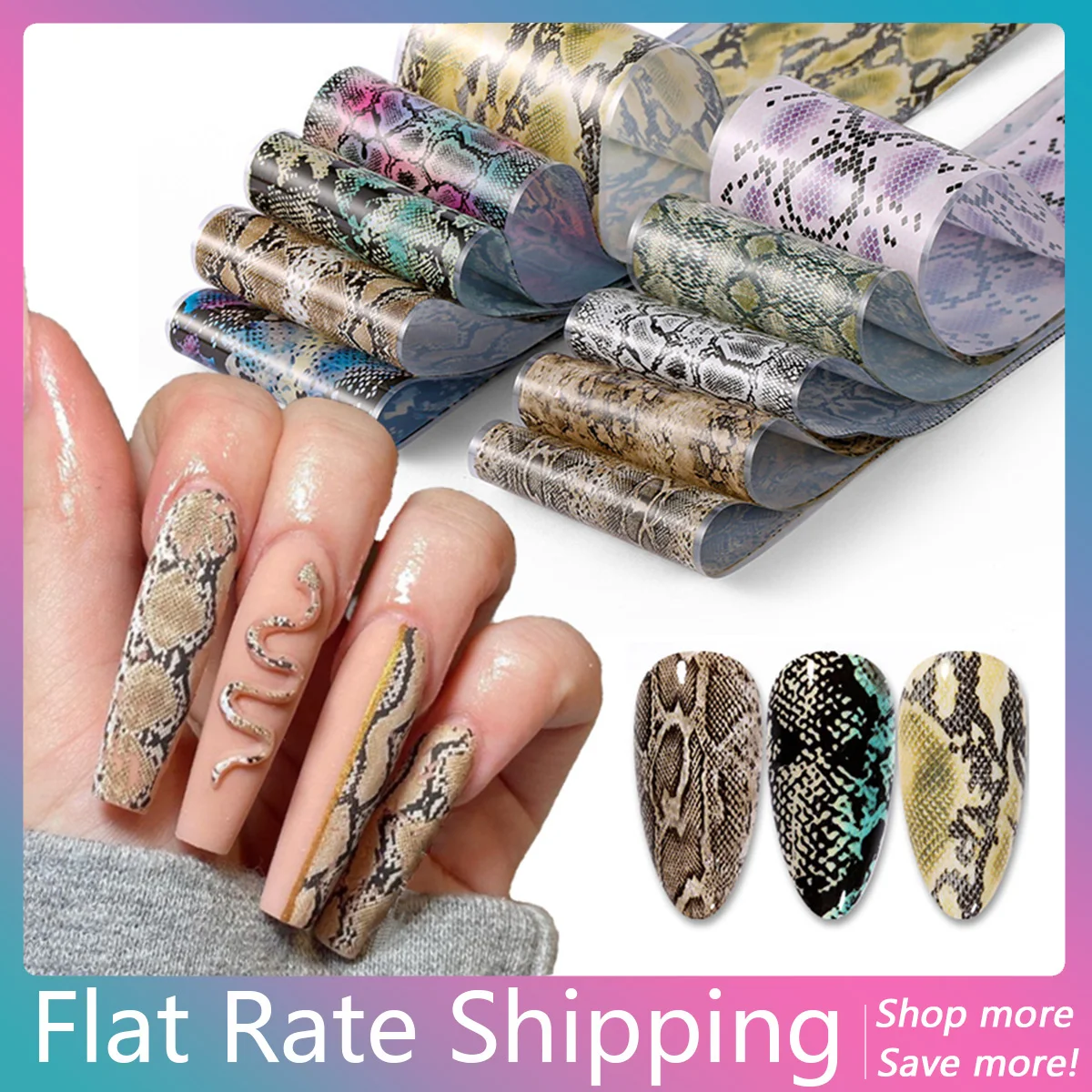 

Flat Rate Shipping 10 Pieces Foil Snake Skin Pattern Stickers Starry Transfer Decals Sliders Nail Art Decorations Adhesive Wraps