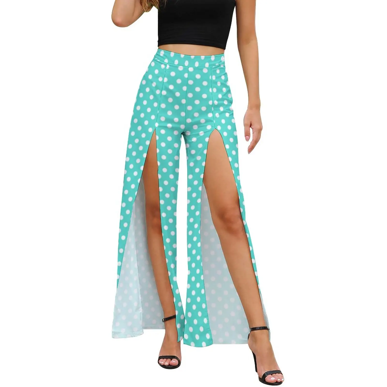 

Teal Blue Polka Dot Pants Daily Retro Turquoise Trendy Casual Wide Leg Pants Woman Slit Straight Streetwear Printed Trousers