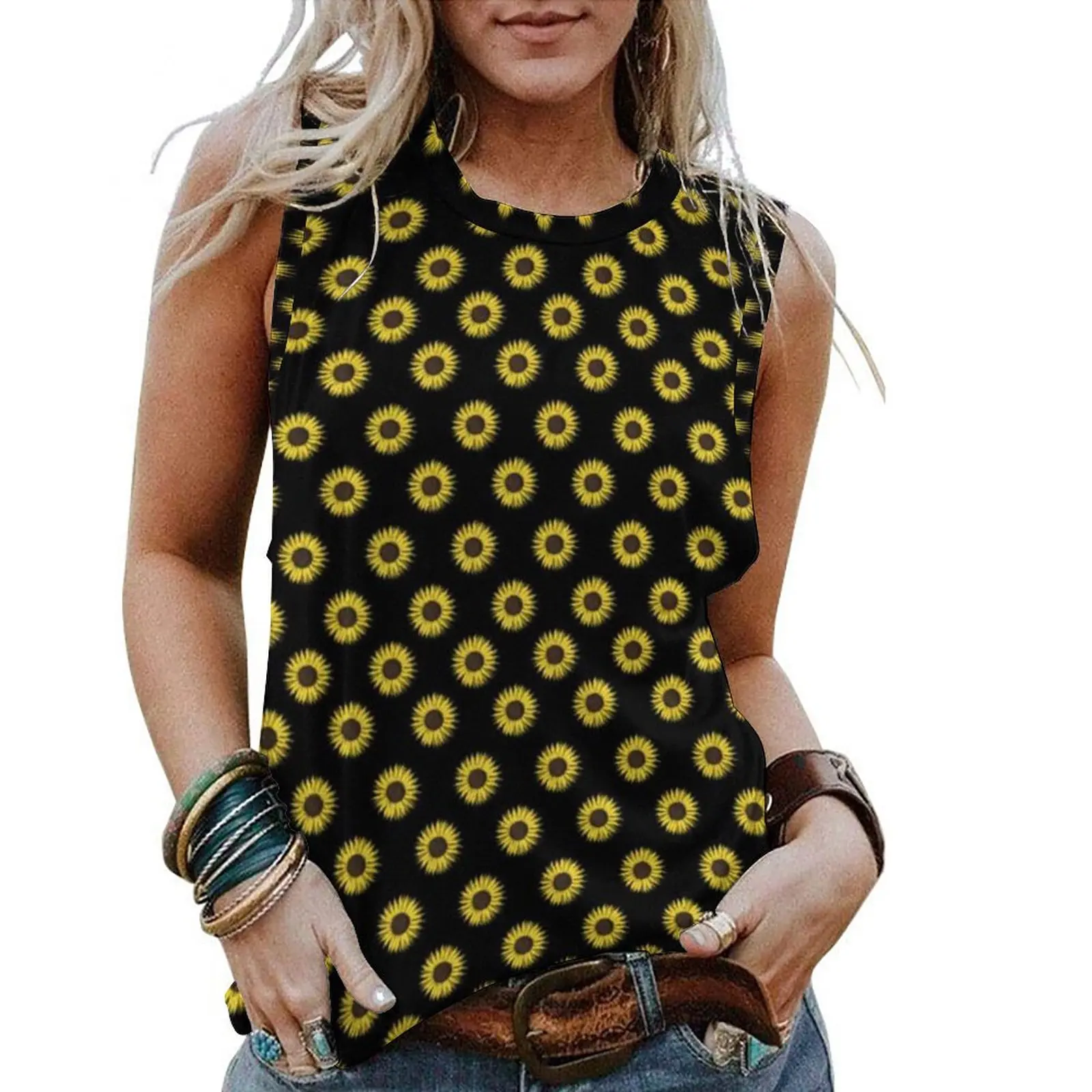 

Майка женская с принтом подсолнухов, жилет для фитнеса в стиле хиппи с желтыми цветами, милая майка с принтом, повседневная одежда оверсайз