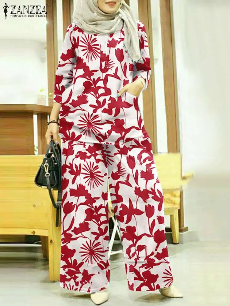 

ZANZEA Vintage Women Muslim Suit Abaya Kaftan Short Sleeve Floral Printed O-Neck Blouse And Wide Leg Pant Bohemian Casual Set