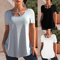 2022 fashion summer new womens solid color loose round neck hollow t shirt casual short sleeved all match top female lady