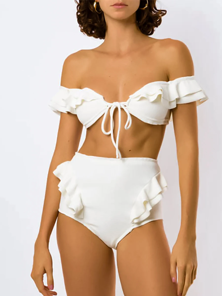 

White Ruffle High Waist Bikini Set Sexy Push Up Swimsuit Women Front Tie Swimwear 2022 Swim Bathing Suit Two Piece Beach Summer