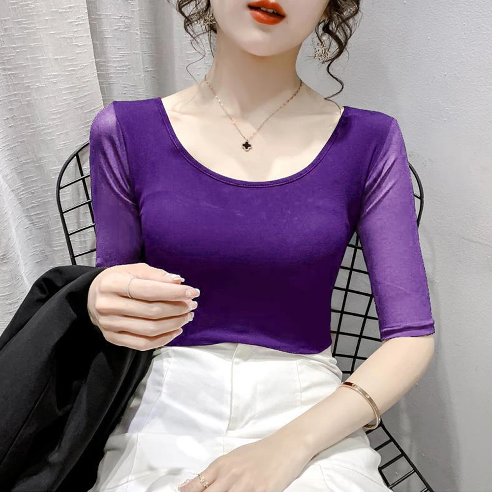 

Women's Mesh Perspective Sexy Shirt Short Sleeve O-neck T-shirt S-2XL Purple Khaki Green Red Black White Female Blouses Tops