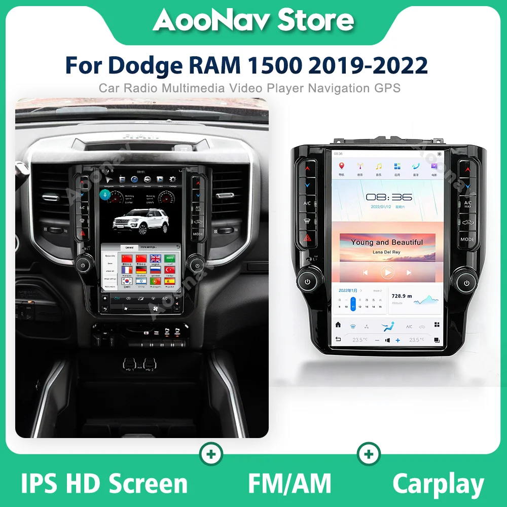 

Автомагнитола Tesla с вертикальным большим экраном для Dodge RAM 1500 2019-2022, Автомобильный мультимедийный стереоприемник Carplay, GPS-навигация