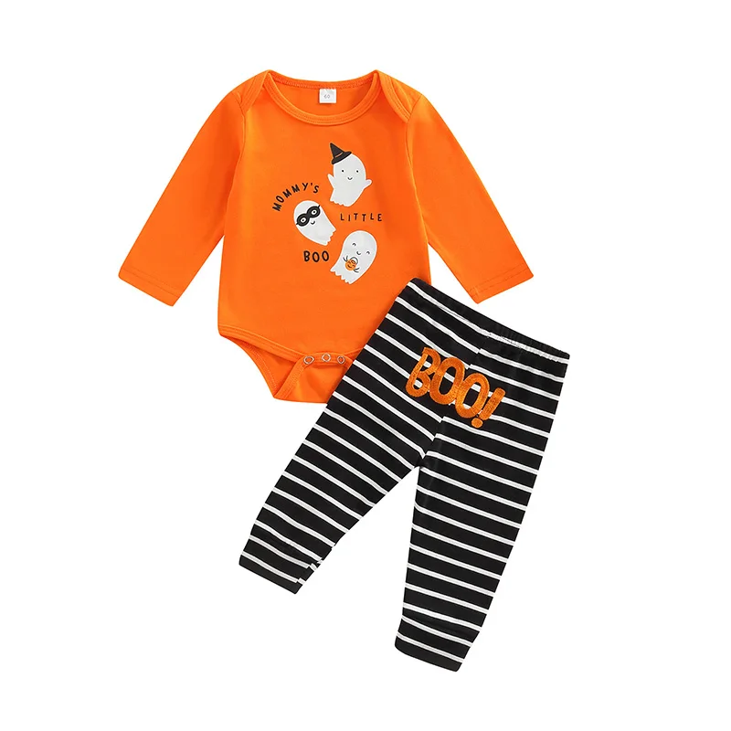 

Infant Newborn Baby's Clothes Girl Halloween Long Sleeve Kids Romper Pants Letter Ghost Stripe Print Spring Children's Clothing