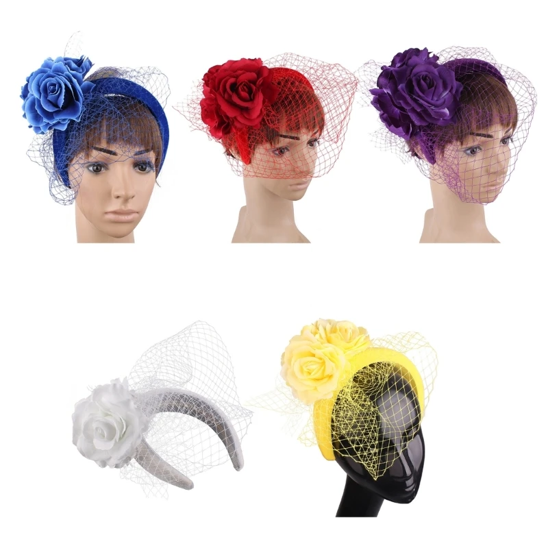 

N58F Vintage Fascinator Headband Exquisite Rose for Tea Party Wedding Costume Pillbox Hat Lady Headwear for Funeral Wedding