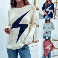 2022 summer new european and american ladies sweater round neck ripped lightning sweater for women