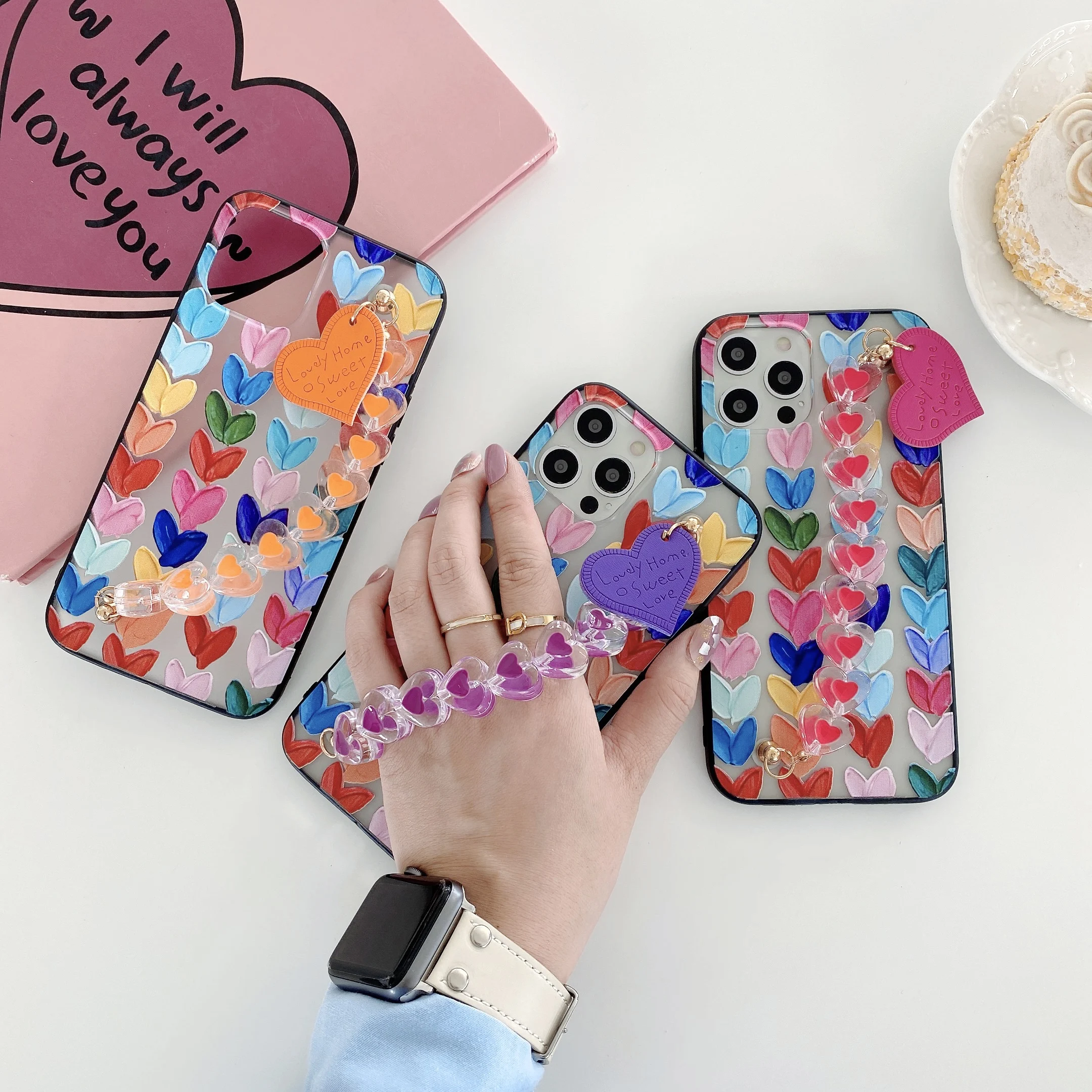 

Personality Portable Bracele Tcolor Oil Painting Love Case For iPhone 13 12 11 XS XR X Pro Max 6 7 8 Plus Drop Shock Proof Cove