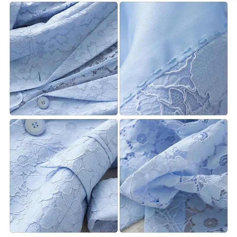 V-neck Blue Women Blazer 2022 New Elegant Lace Hollow Out Thin Summer Blazers Lady Office Suit Jackets Coat Slim Tops