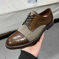 new brogue shoes men shoes pu color matching fashion business casual round toe hollow stitching canvas classic dress shoes cp186