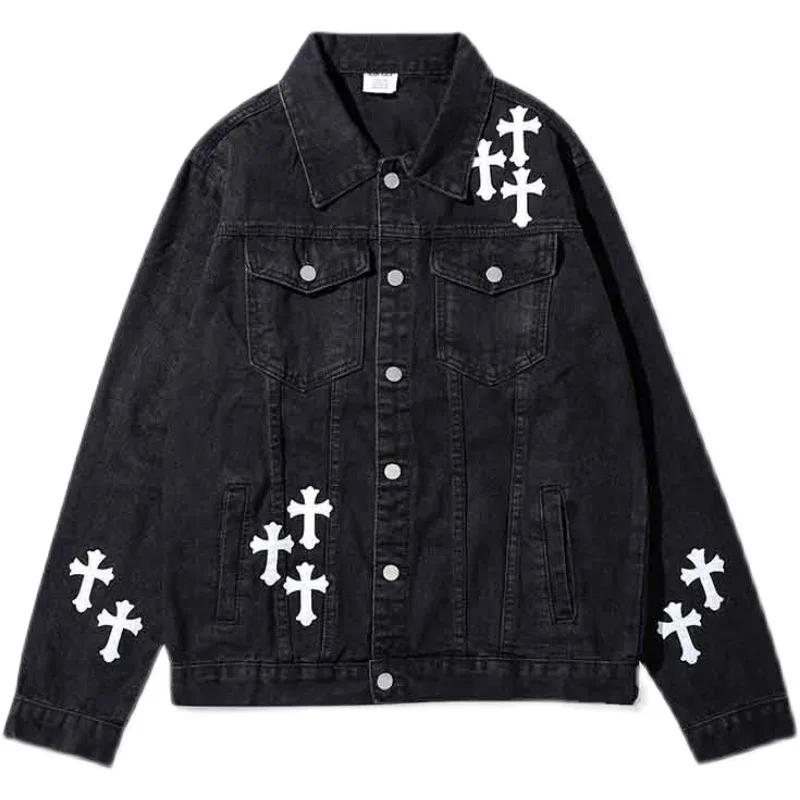 

Oversized Distressed Denim Jacket Men Cross Patch Design Retro Bomber Jacket Women Couple College Lapel Spring Autumn Outwear