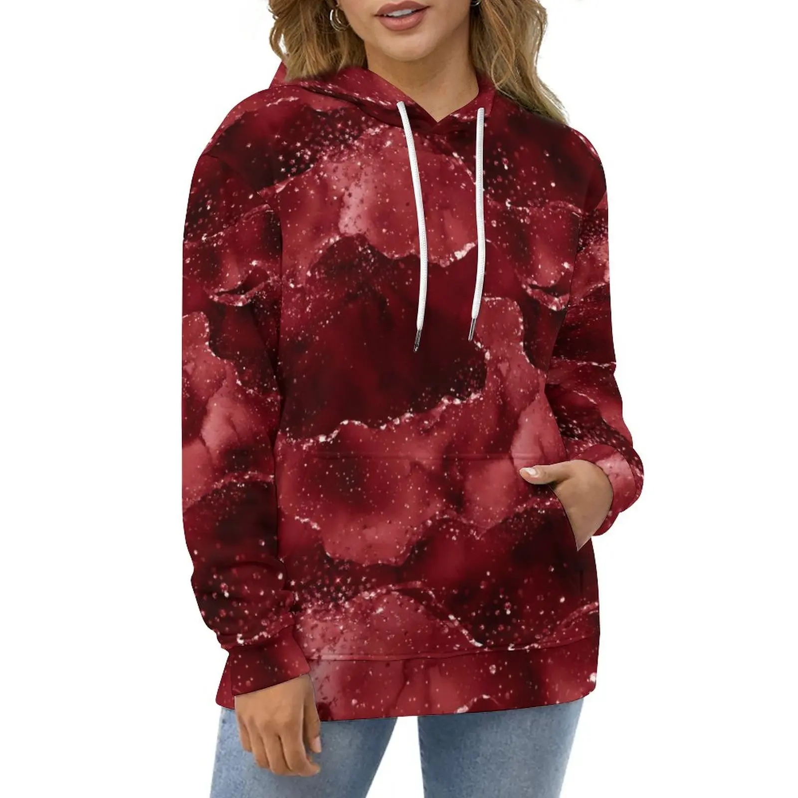 

Marble Print Casual Hoodies Red Gold Liquid Aesthetic Hoodie Female Long Sleeve Oversize Street Wear Custom Loose Tops