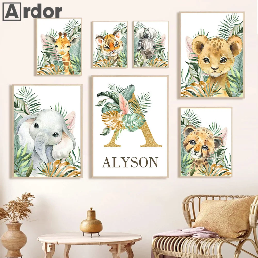 

Custom Name Canvas Painting Jungle Animals Plant Leaf Lion Art Prints Nursery Poster Nordic Wall Pictures Baby Kids Room Decor