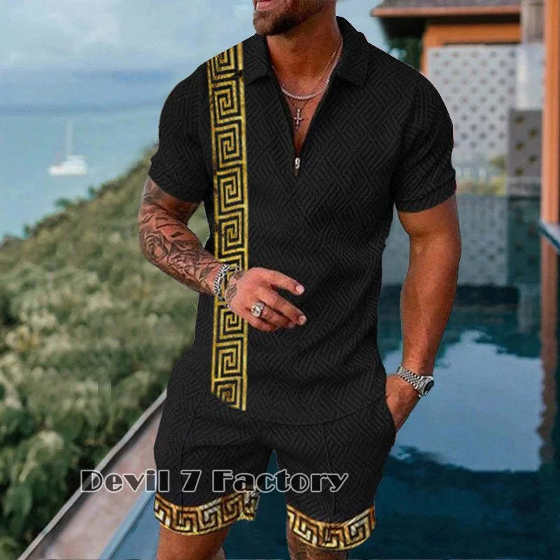 

Men Polo Zip Shirts Tracksuit Set Summer Shorts Casual Luxury T Shirt Short Sleeve 2 Piece Suits Fashion 3D Printed Man Clothing