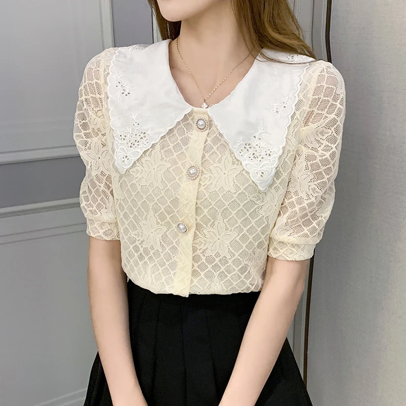 

Summer Short Sleeve Blouse Women Pink Cut Girls Shirt Chiffon Peter Pan Collar Women Clothing Korean Fashion Office Lady Tees