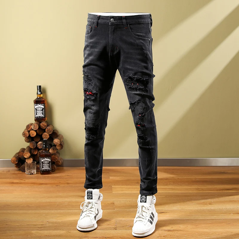 Street Fashion Men Jeans Retro Black Gray Elastic Stretch Skinny Ripped Jeans Men Red Plaid Patched Designer Hip Hop Pants Homme